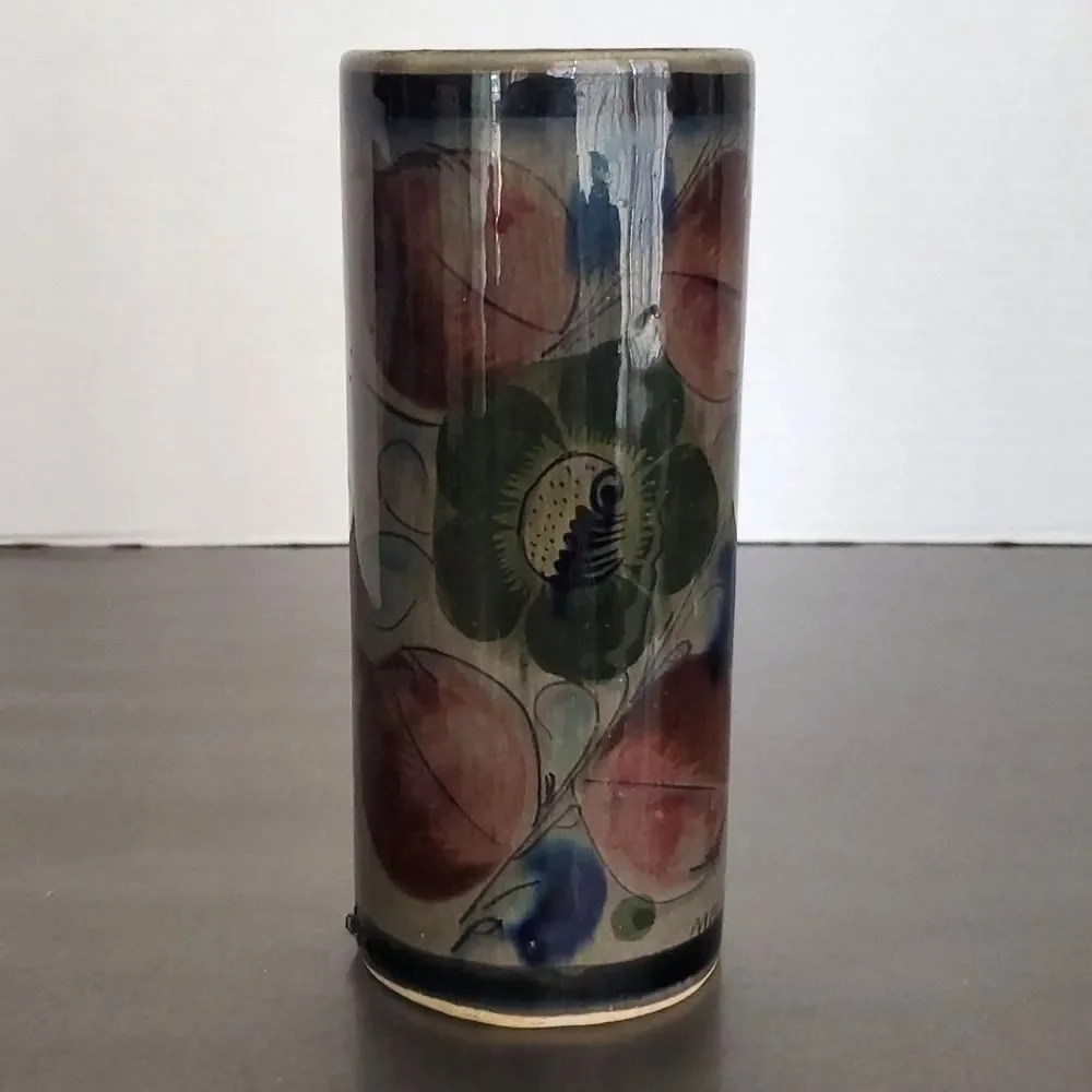 Vintage Tonala Mexican Pottery Hand Painted Floral Cylinder Vase 6.75